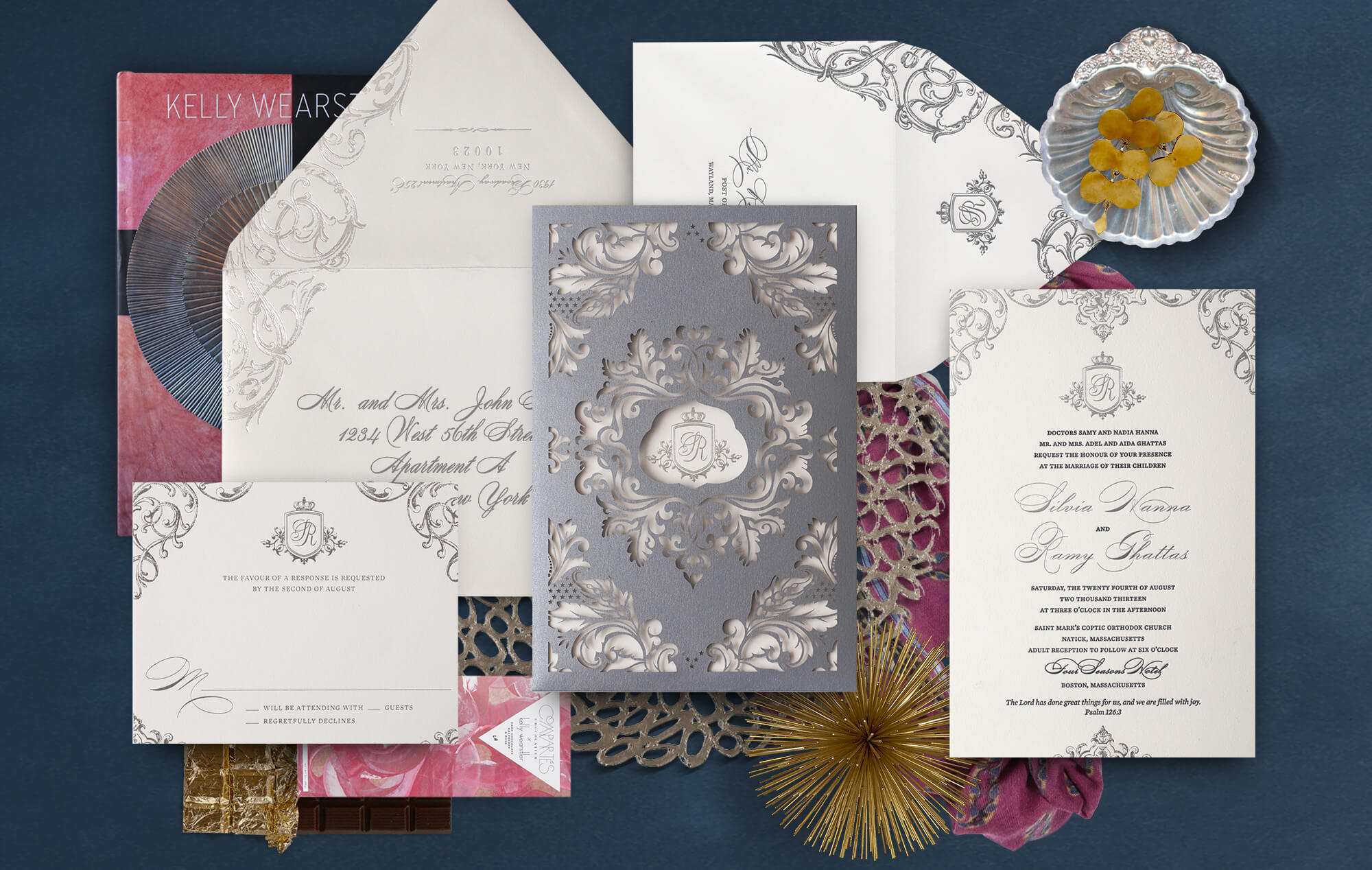 Silver ornate laser cut wedding invitation