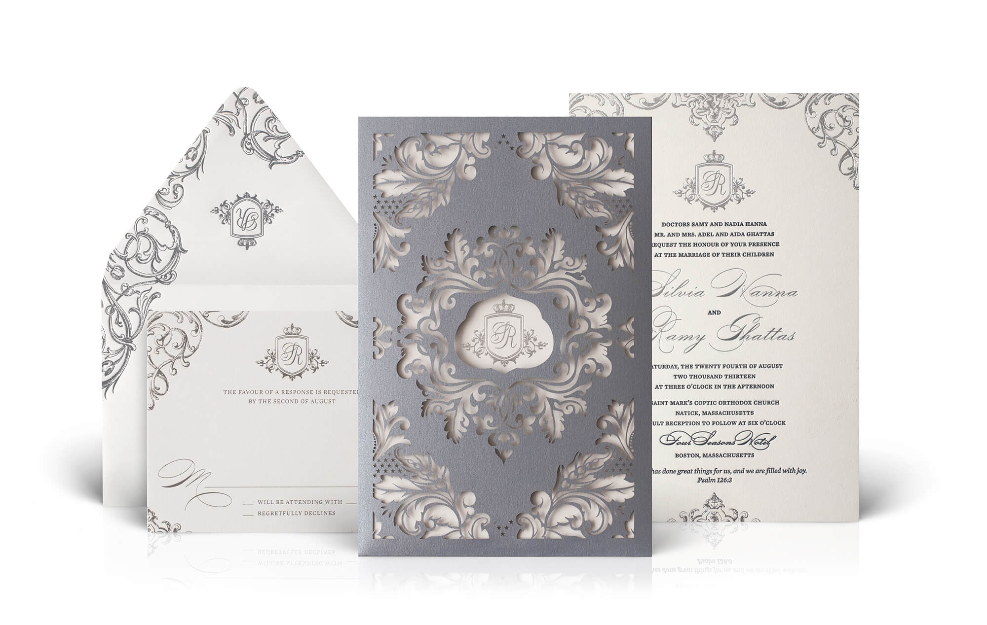 Silver regal laser cut wedding invitation