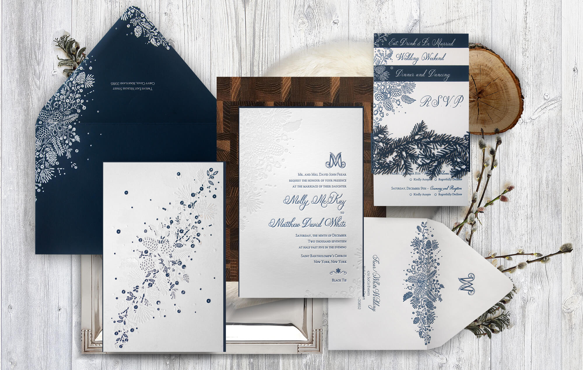 Winter season letterpress wedding invitation