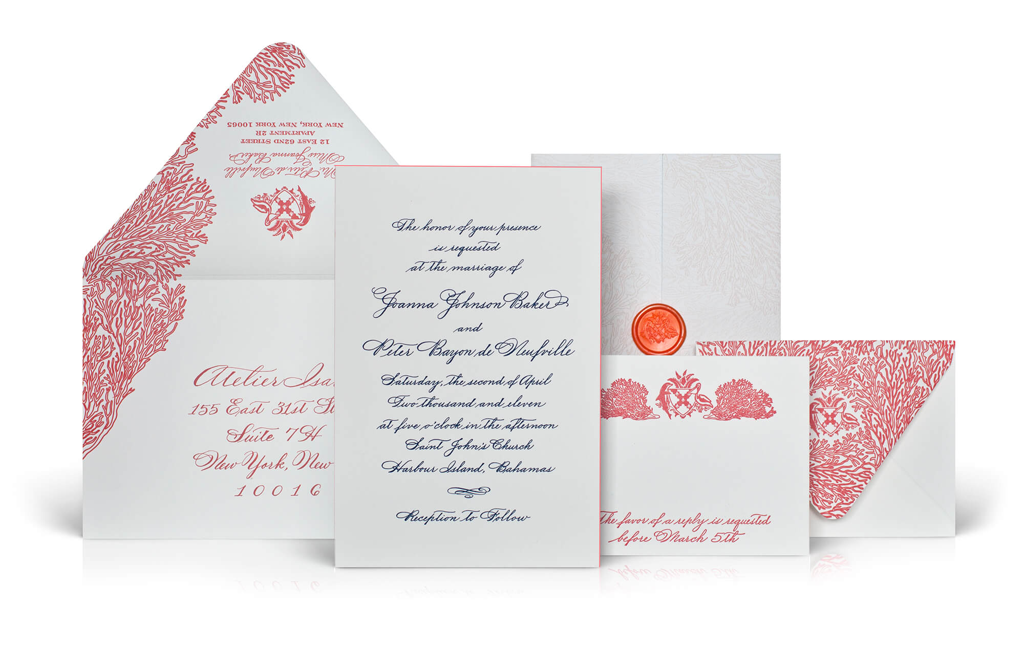 Engraved calligraphy, corals, watercolor on a Bahamas wedding invitation