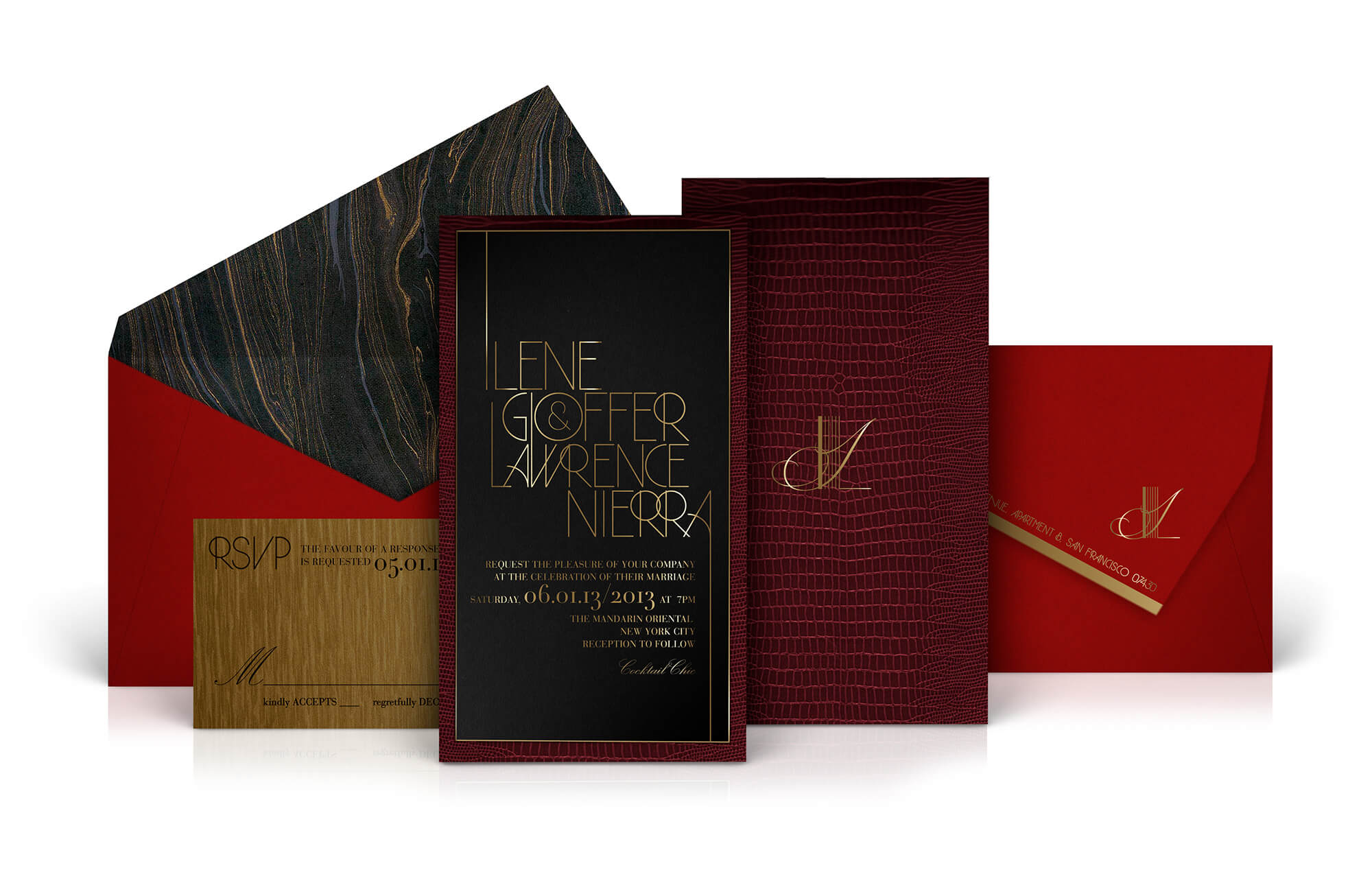Fashion week wedding invitation in red, black and gold