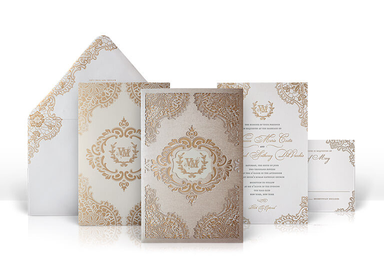 Gold foil and laser cut lace wedding invitation