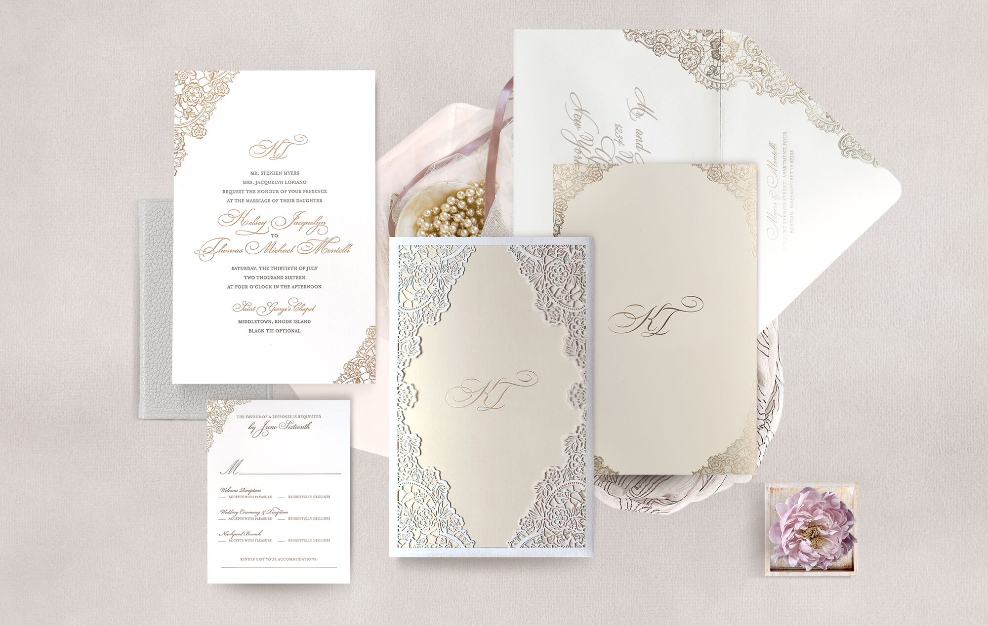 Ivory laser cut lace wedding invitation