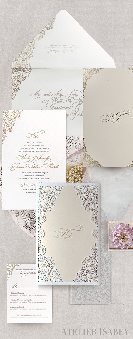 Ivory lace laser cut wedding invitation