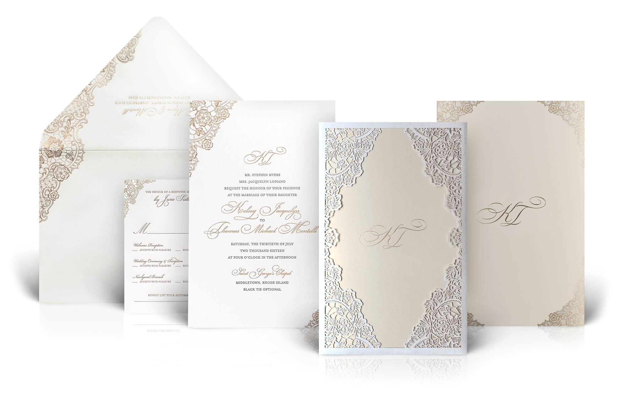 Ivory and gold lace wedding invitation