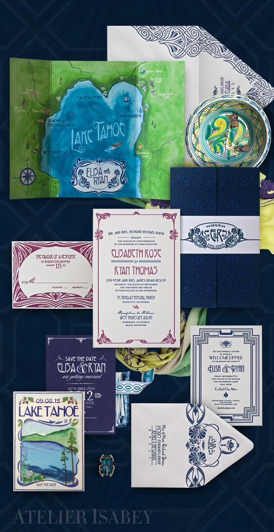 Lake Tahoe watercolor destination wedding invitation
