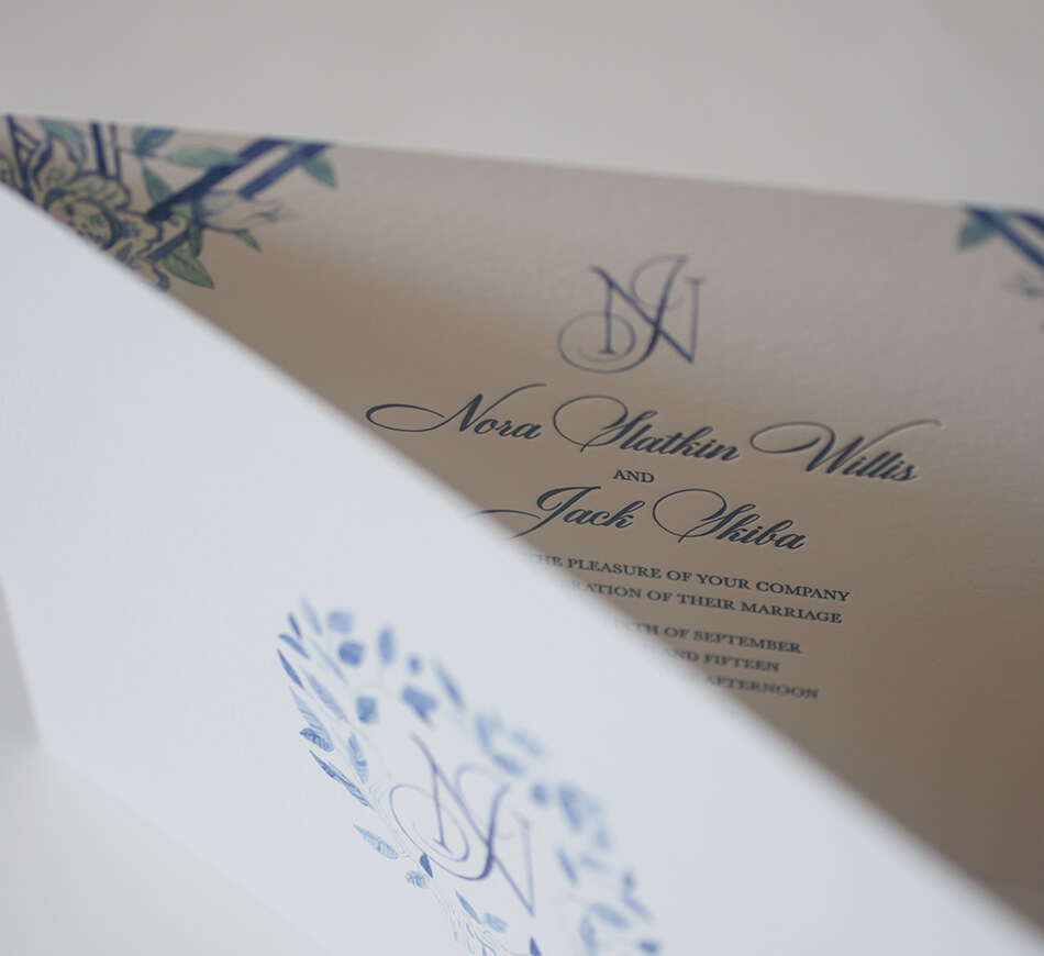 Letterpress and watercolor blue and white invitation