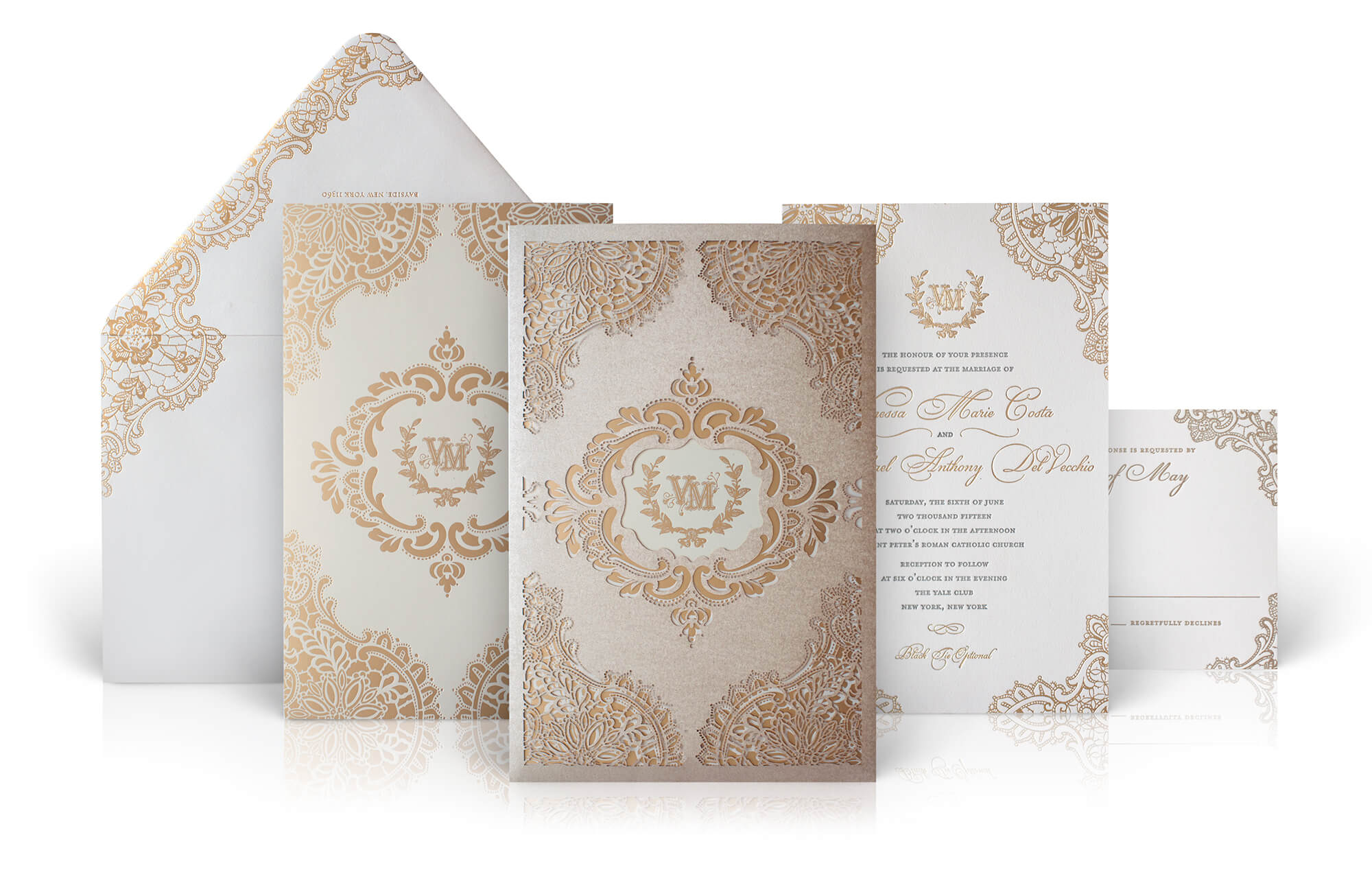Ornate gold lace wedding invitation