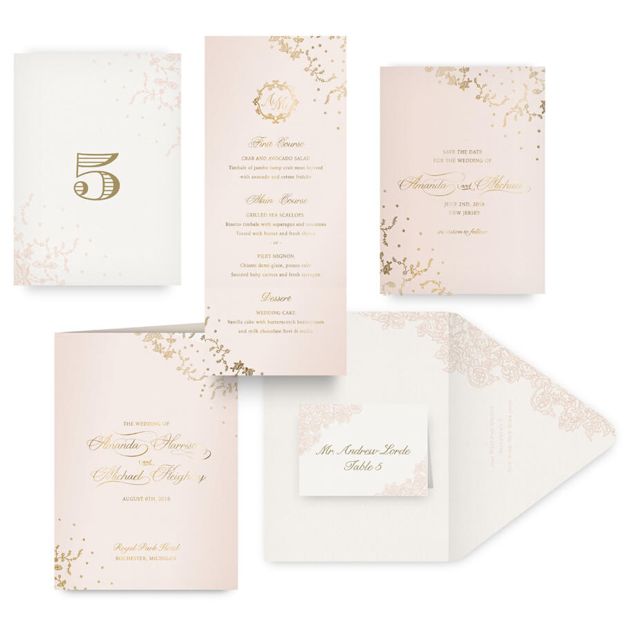 Gold lace save the date, menu, program and wedding accessories
