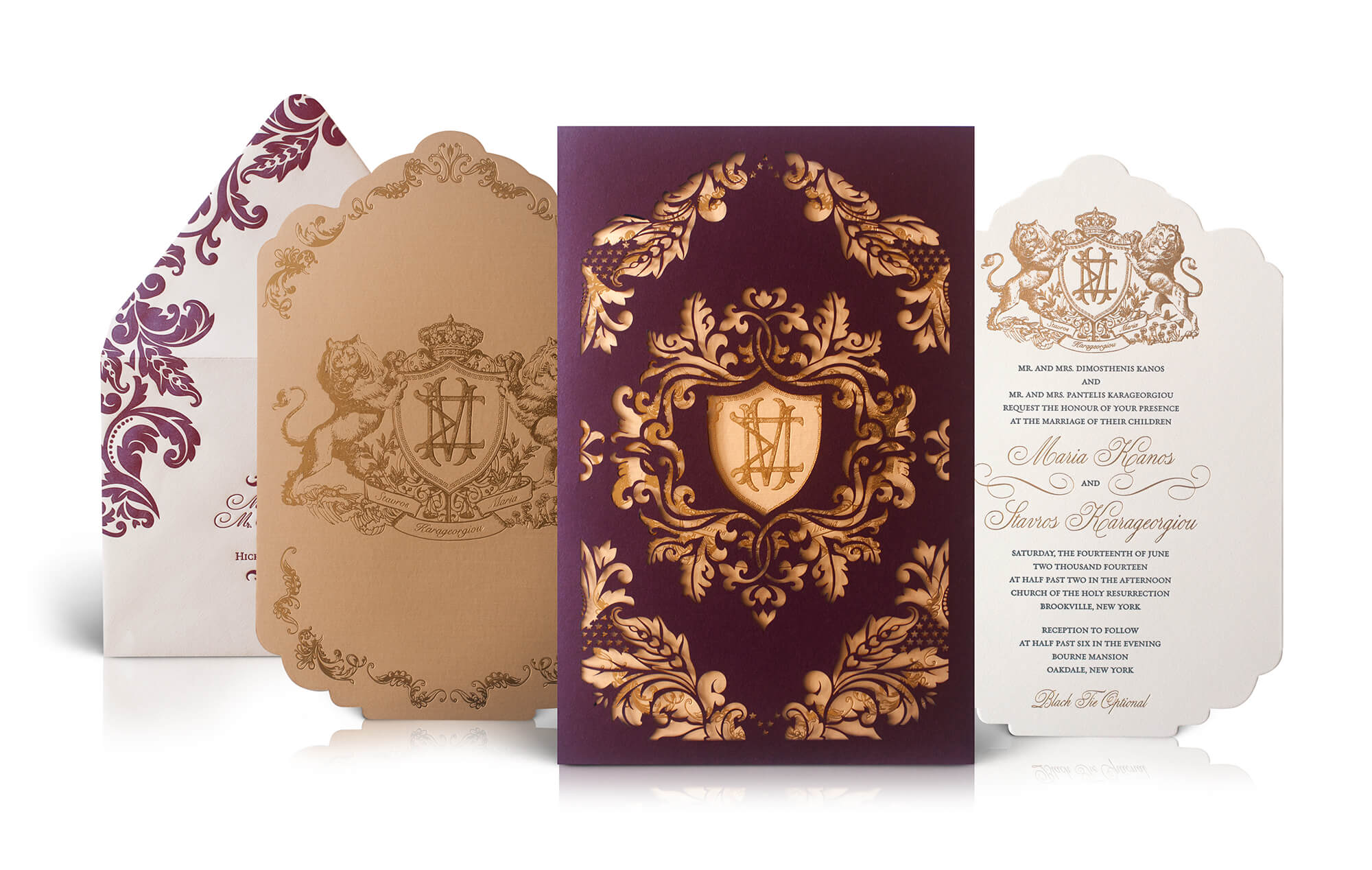 Ornate crest gold and burgundy wedding invitation
