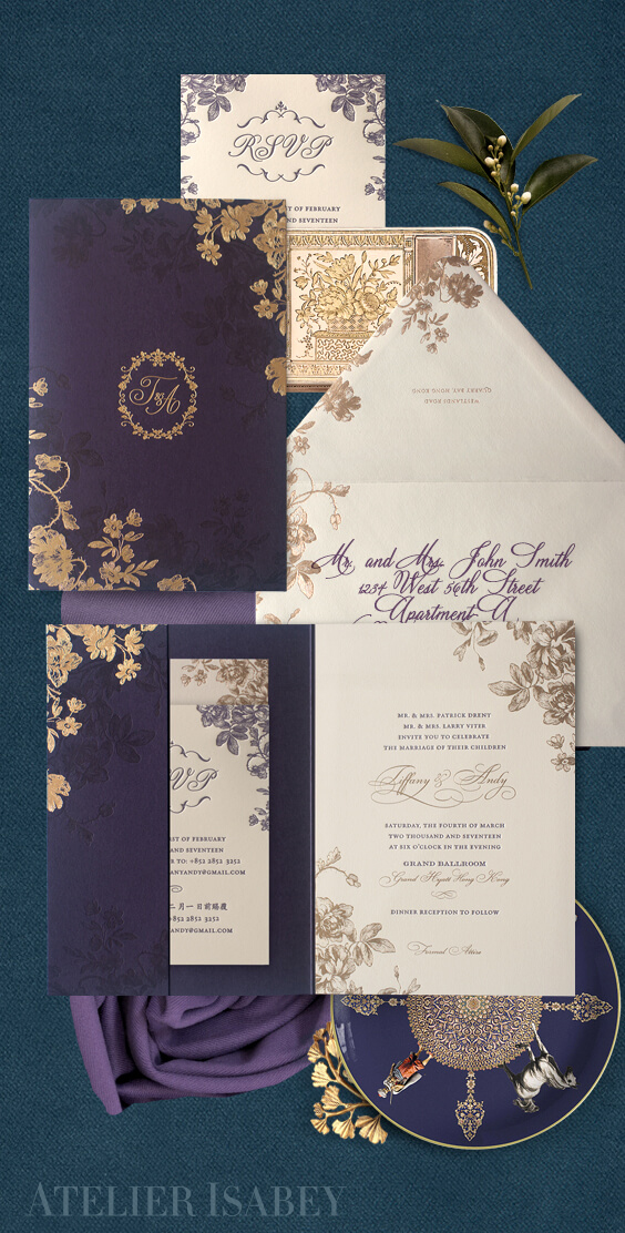 Purple and gold floral wedding invitation