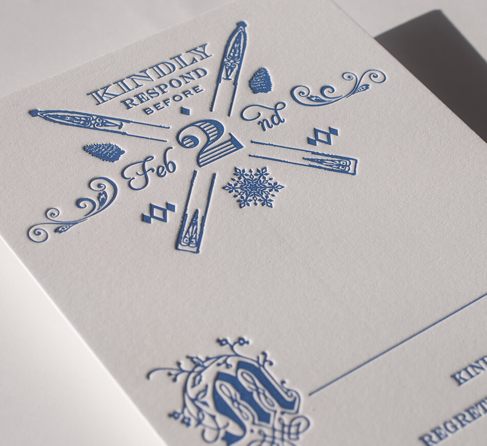 Reply card with crossed skis and winter illustrations