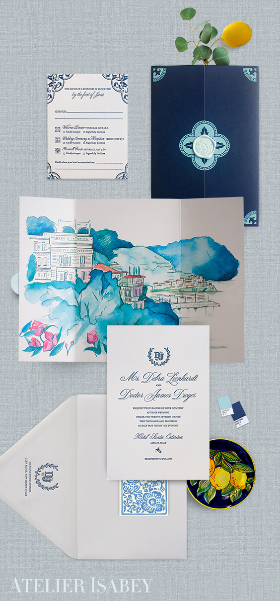 Amalfi Coast watercolor wedding invitation