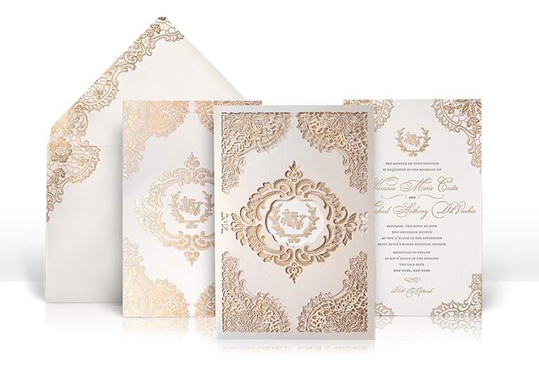 Gold and champagne lace wedding invitation
