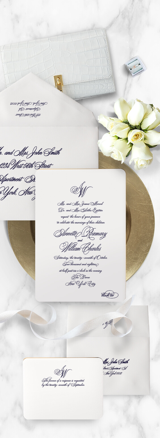 Classic navy and white wedding invitation