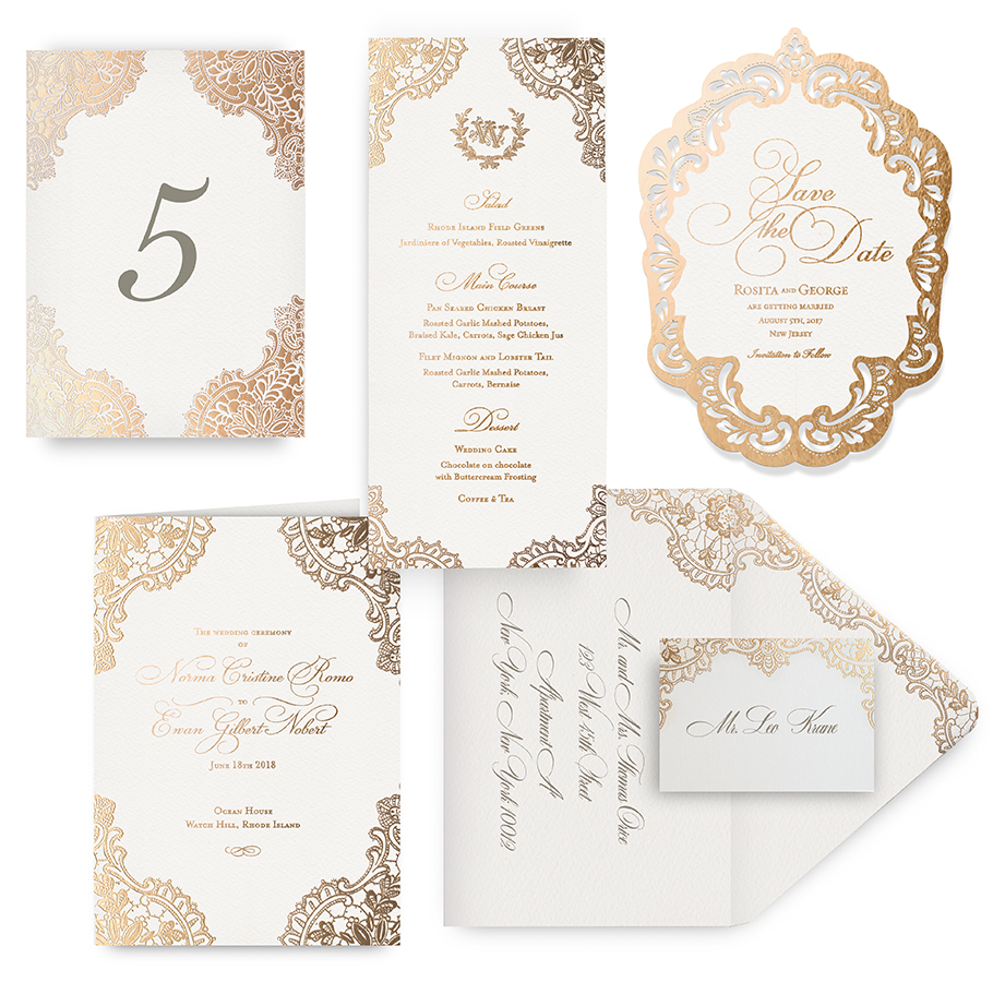 Gold lace menu, program, place card and wedding accessories
