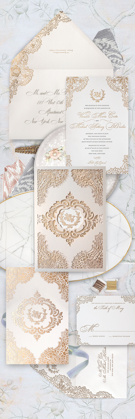 Gold lace laser cut wedding invitation with champagne foil | By Atelier Isabey