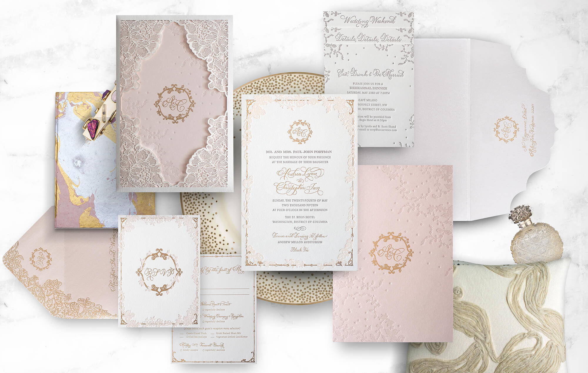 Laser cut lace wedding invitation in blush, champagne and gold