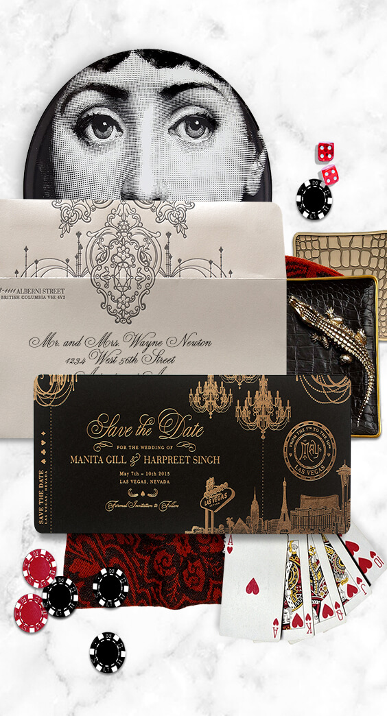 Las Vegas boarding pass save the date in gold foil