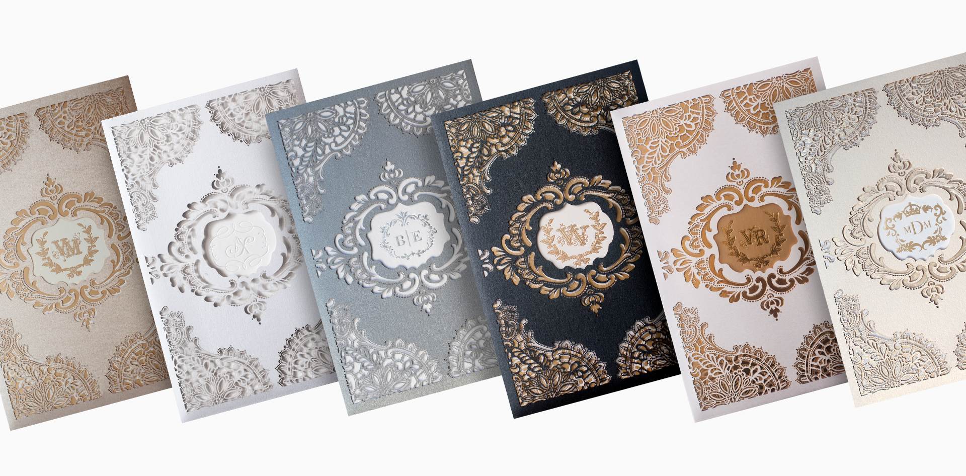 Laser cut lace wedding invitations in multiple colors