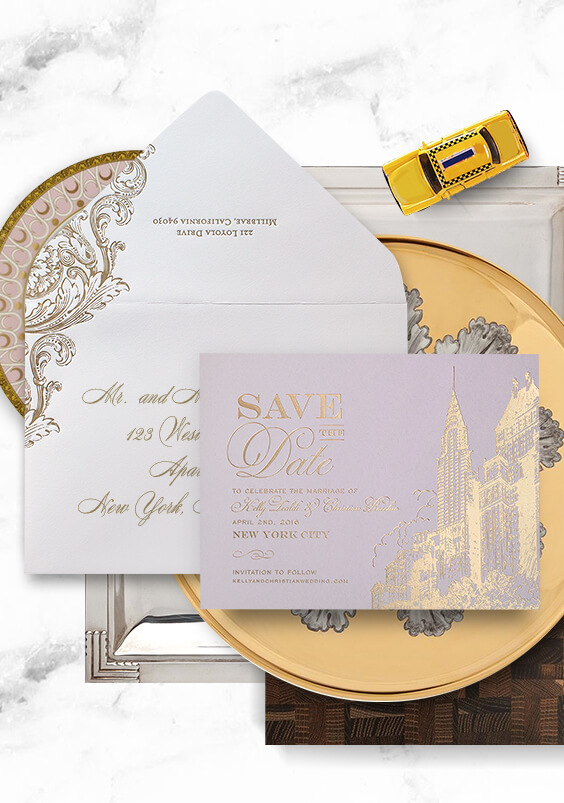 Pink and gold New York City skyline save the date