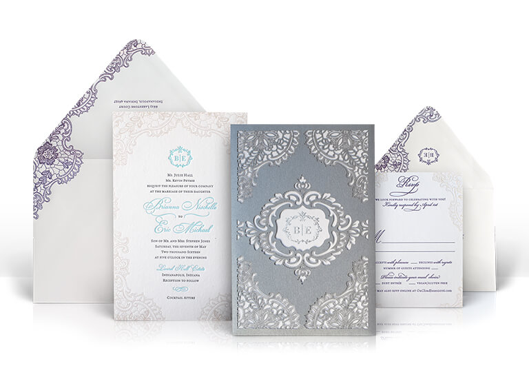 Silver lace laser cut wedding invitation