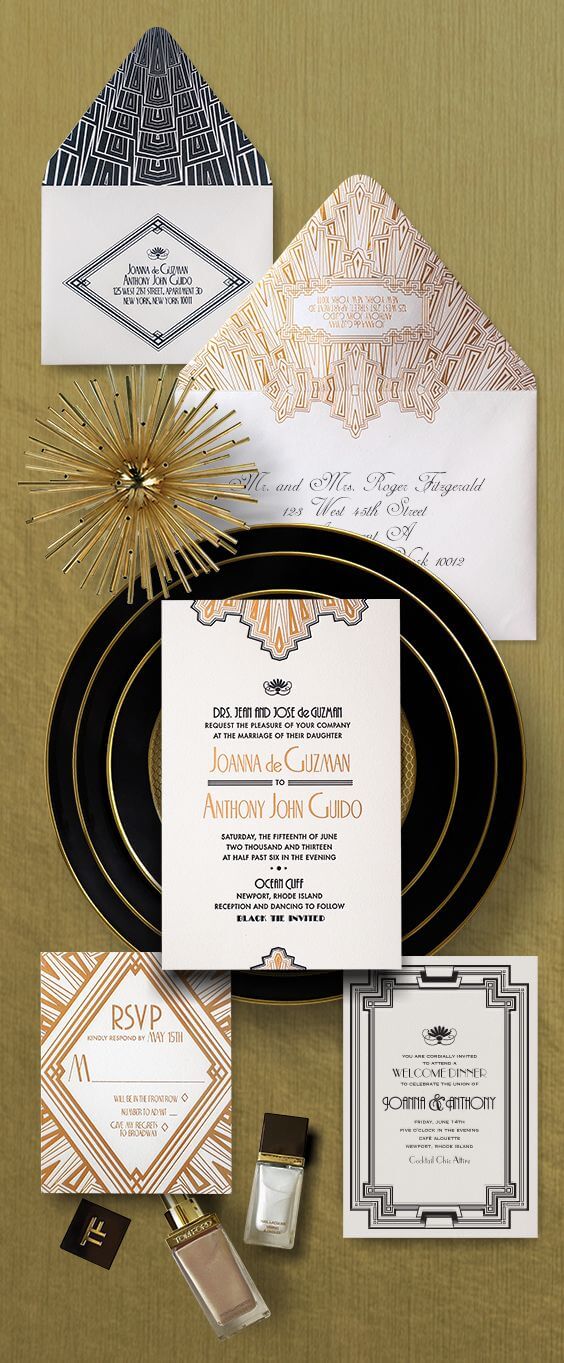 Art Deco black and gold wedding invitation