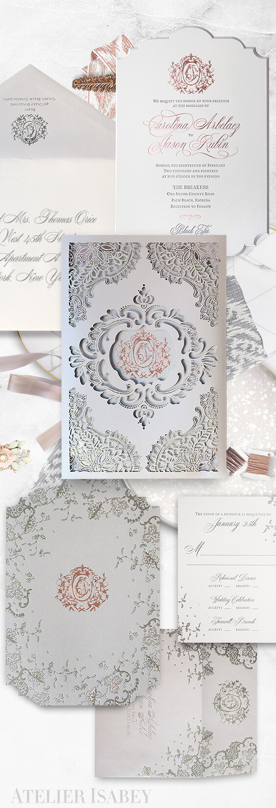 Ornate lace laser cut and rose gold wedding invitation