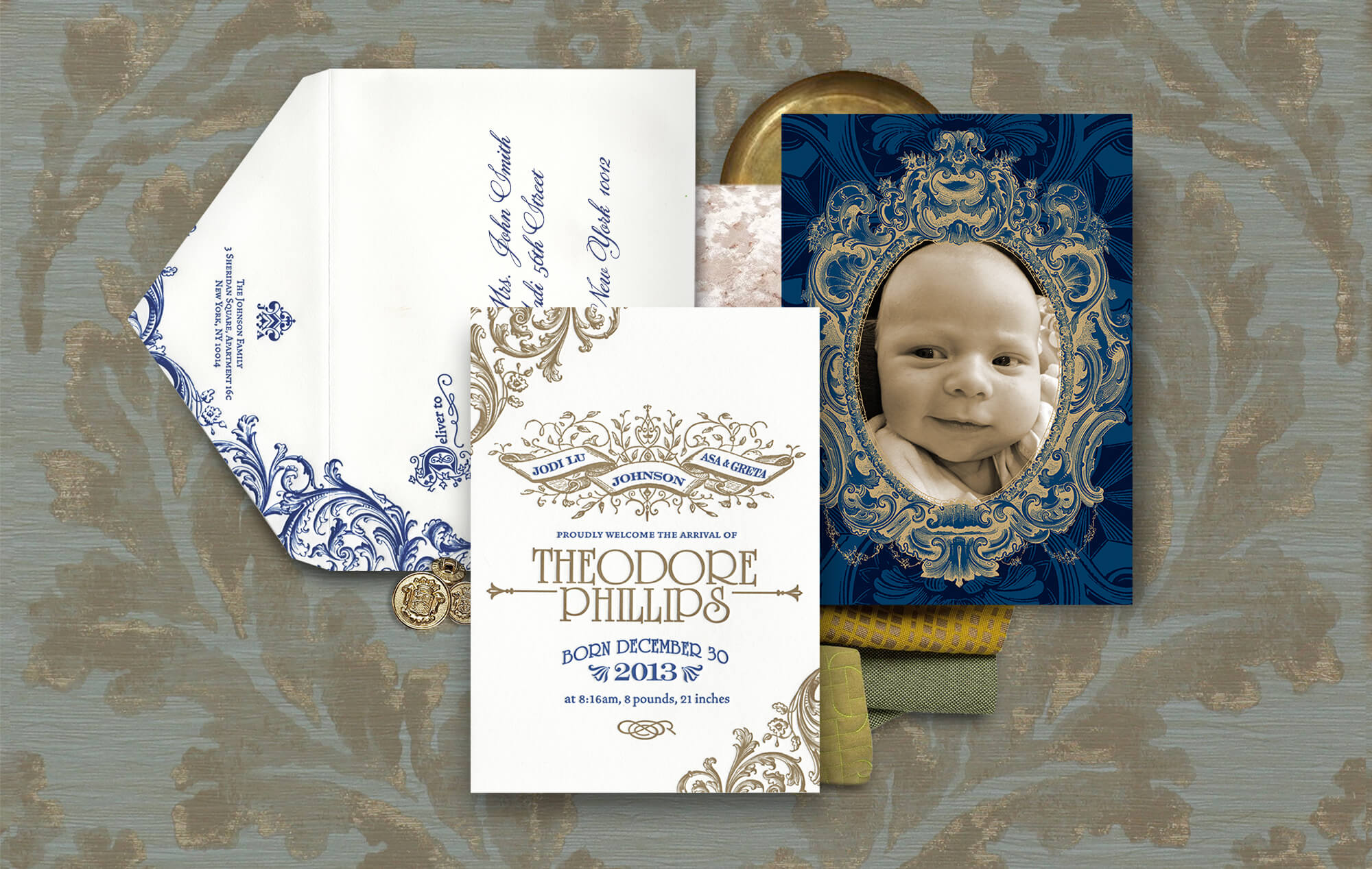Elegant baby announcement with ornate scrollwork