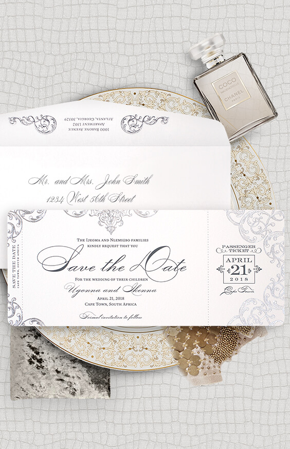 Ornate boarding pass save the date | By Atelier Isabey