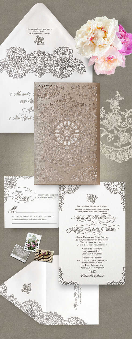 Laser cut lace wedding invitation with intricate details