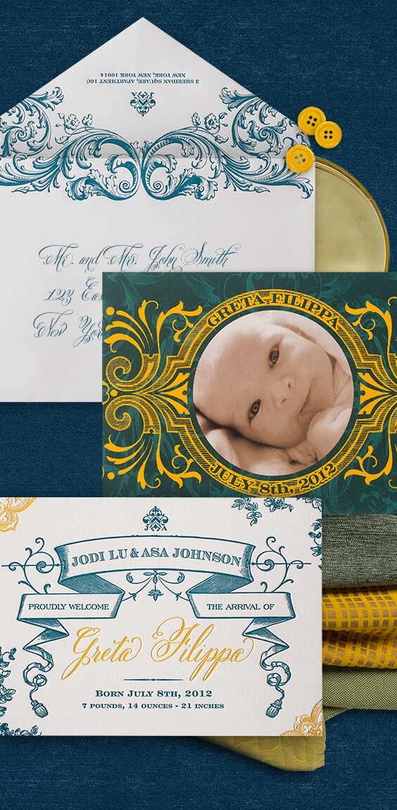 Old world baby announcement in yellow and teal | By Atelier Isabey