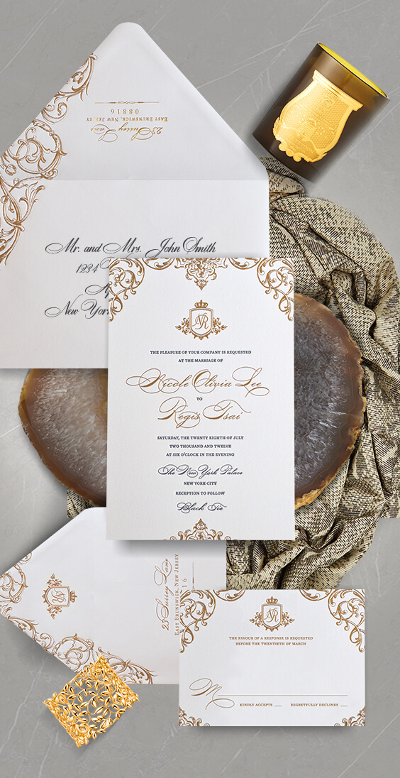 Ornate gold scrollwork wedding invitation | By Atelier Isabey