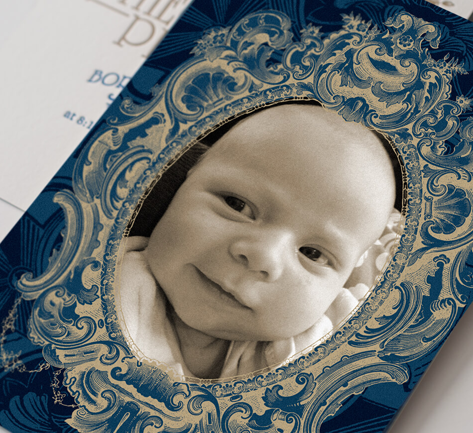 Blue and gold announcement with baby photograph