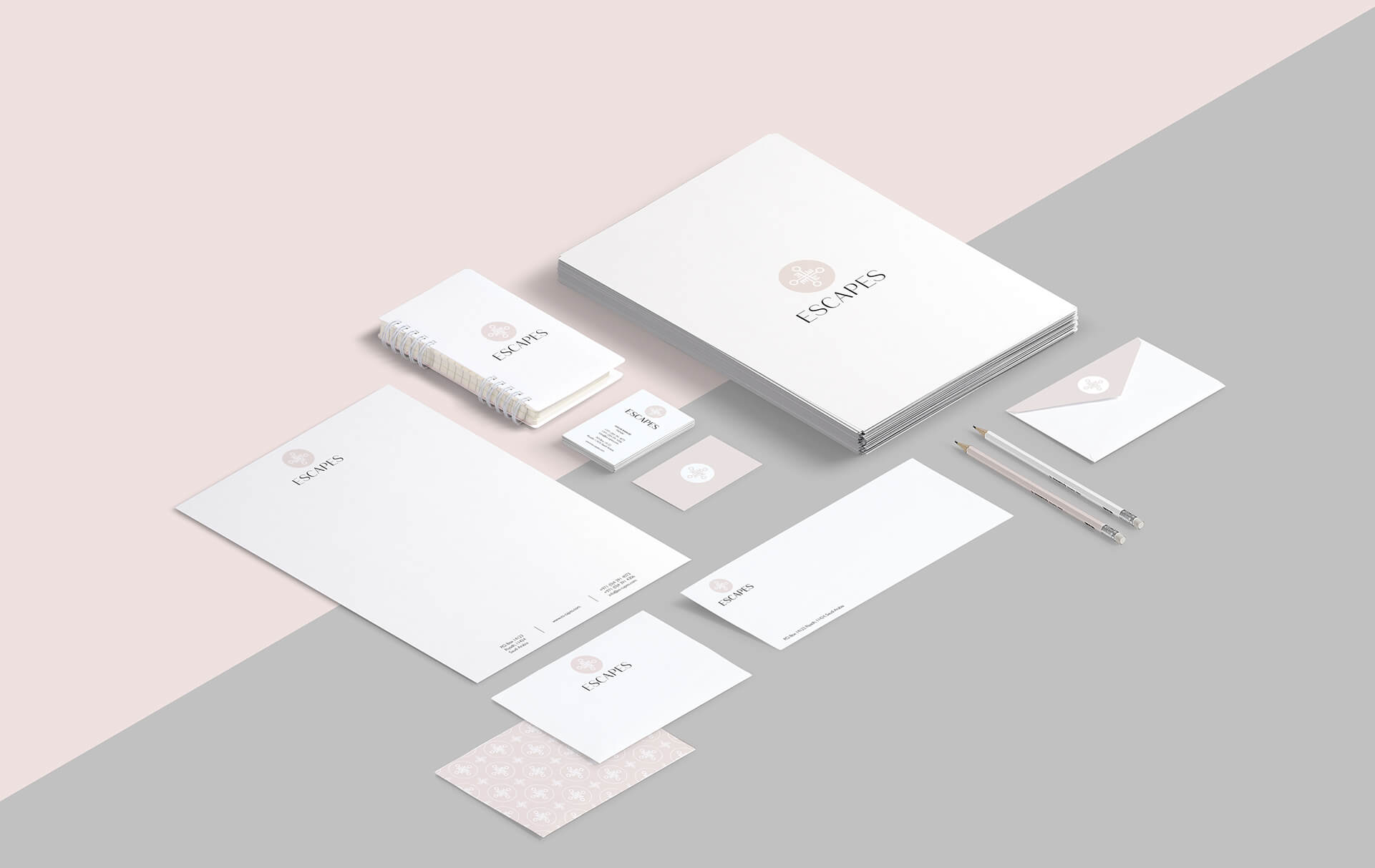 Escapes travel agency branding stationery suite