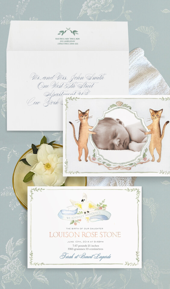 Watercolor baby announcement with an illustrated crest | By Atelier Isabey