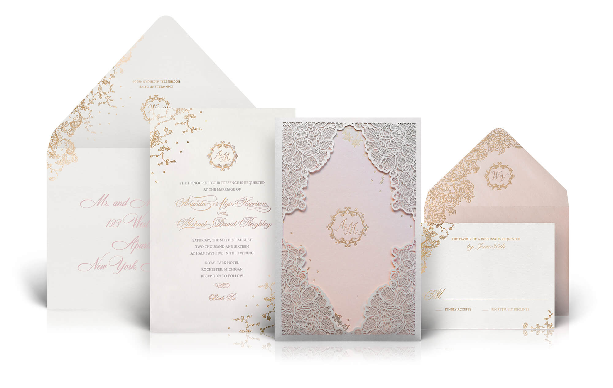 Blush pink and gold laser cut wedding invitation