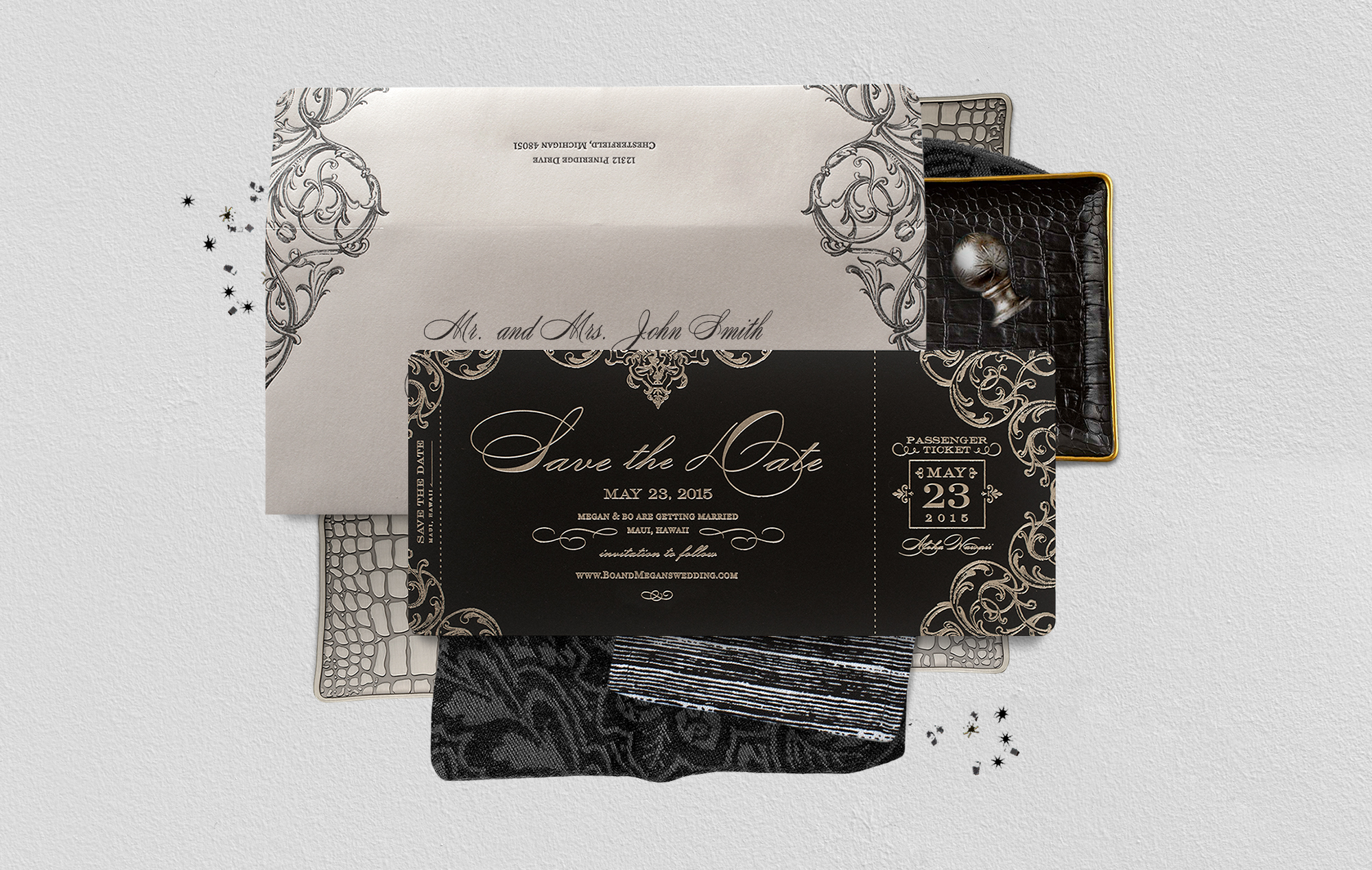 Silver and black boarding pass save the date