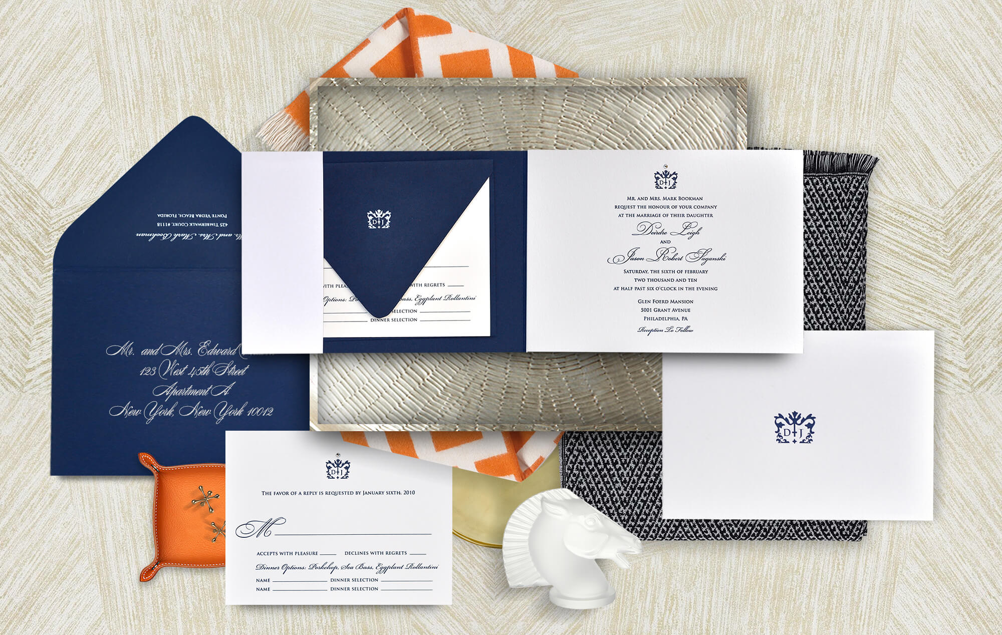 Simple classic navy and white wedding invitation
