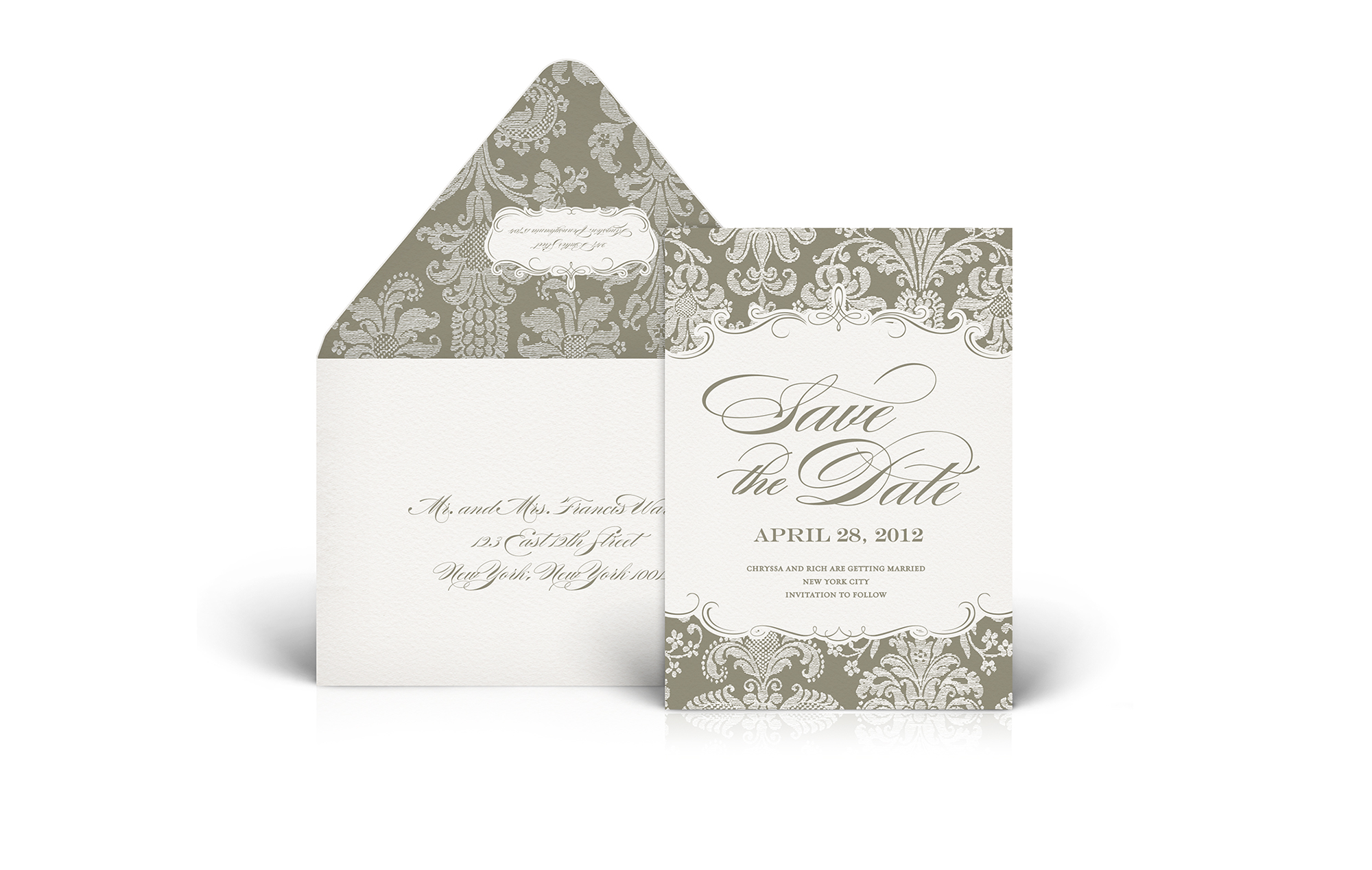 Damask print save the date