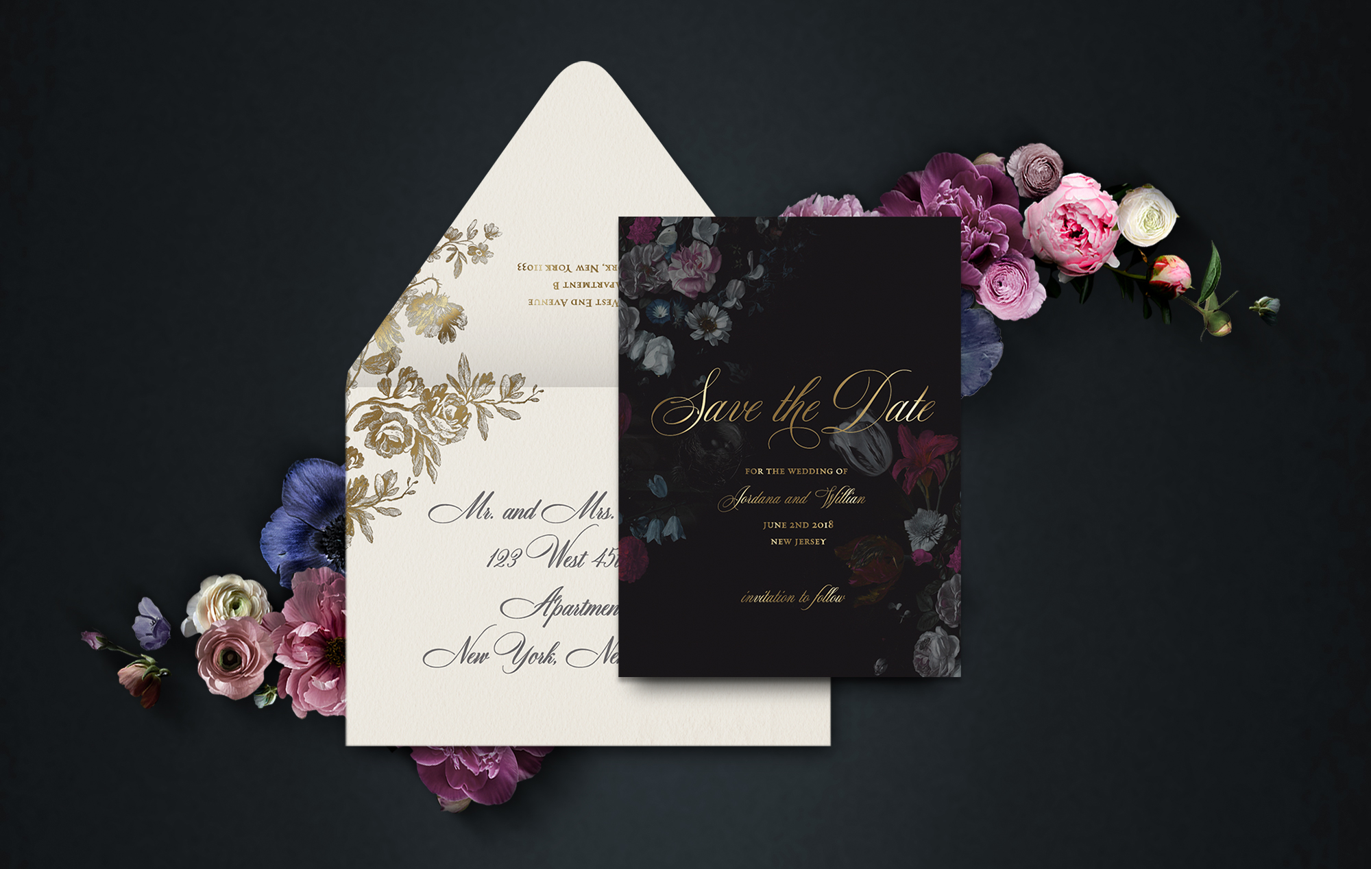 Dark moody floral save the date