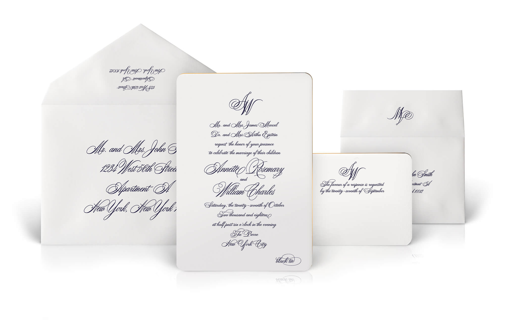 Navy and white classic wedding invitation suite