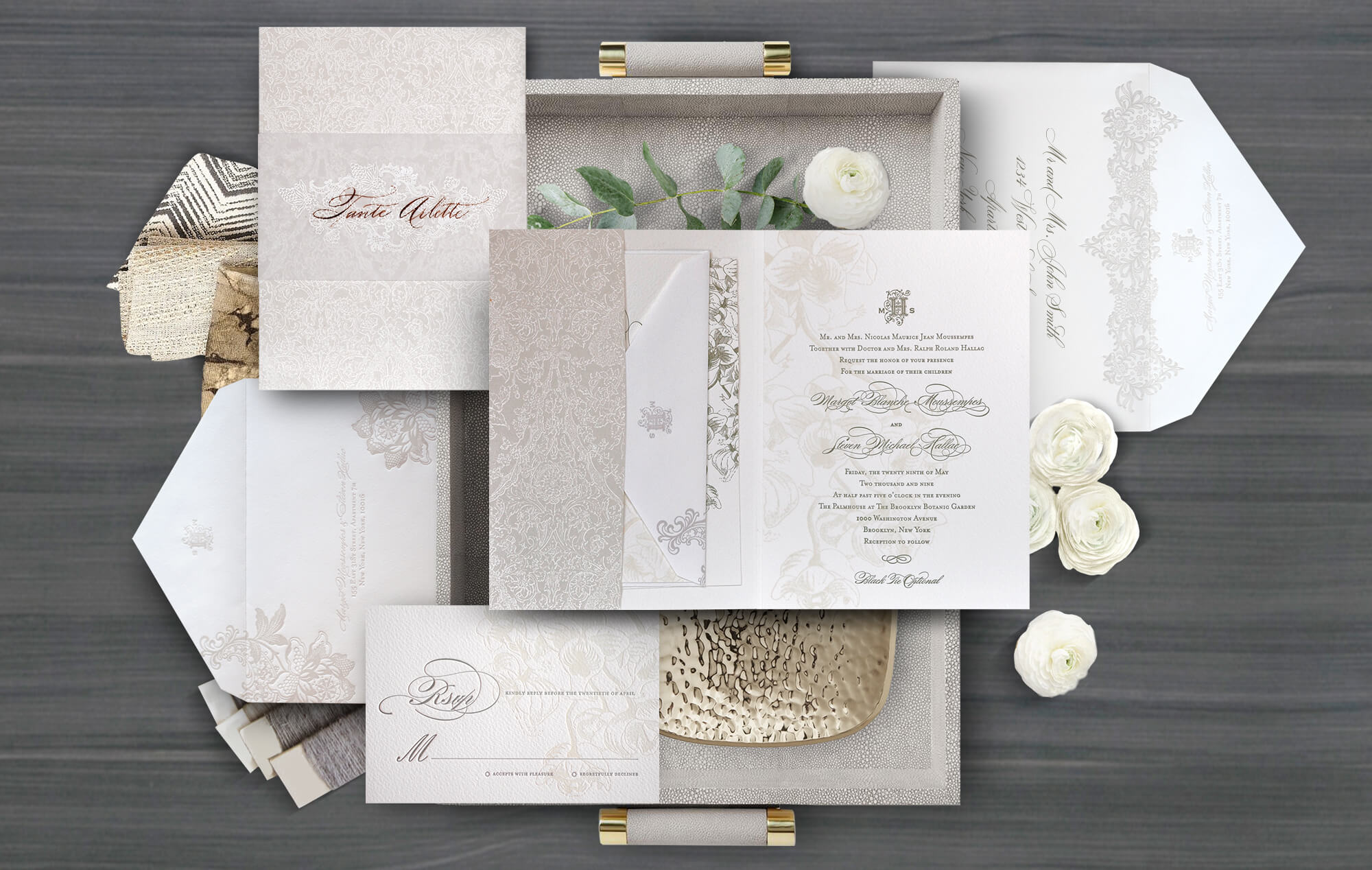 Floral and lace letterpress wedding invitation