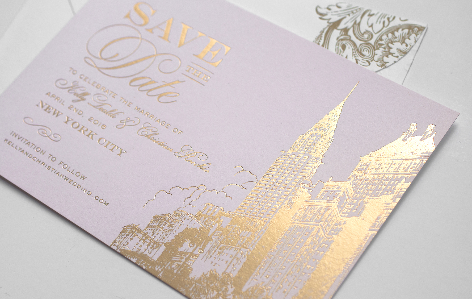 Gold and pink NYC skyline save the date