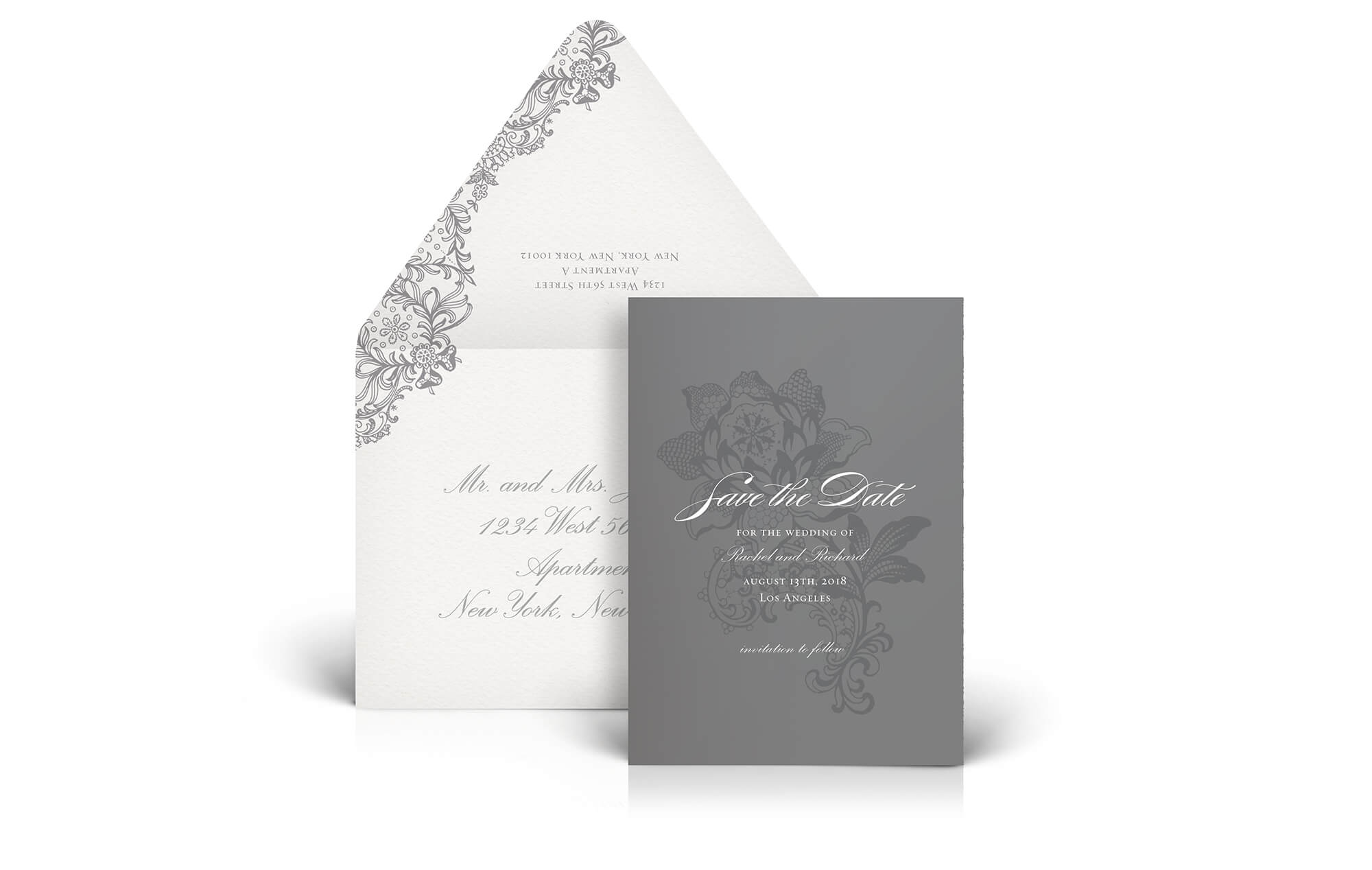 Grey lace wedding save the date
