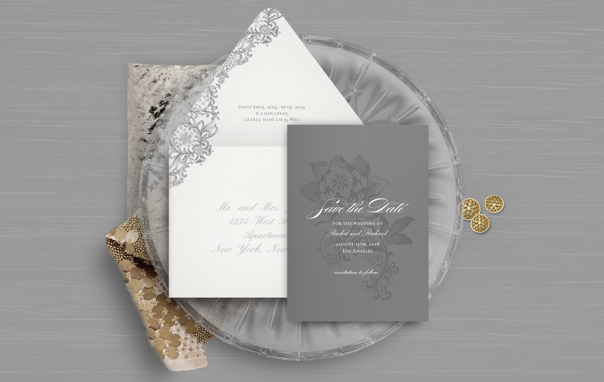 Grey and white classic lace save the date