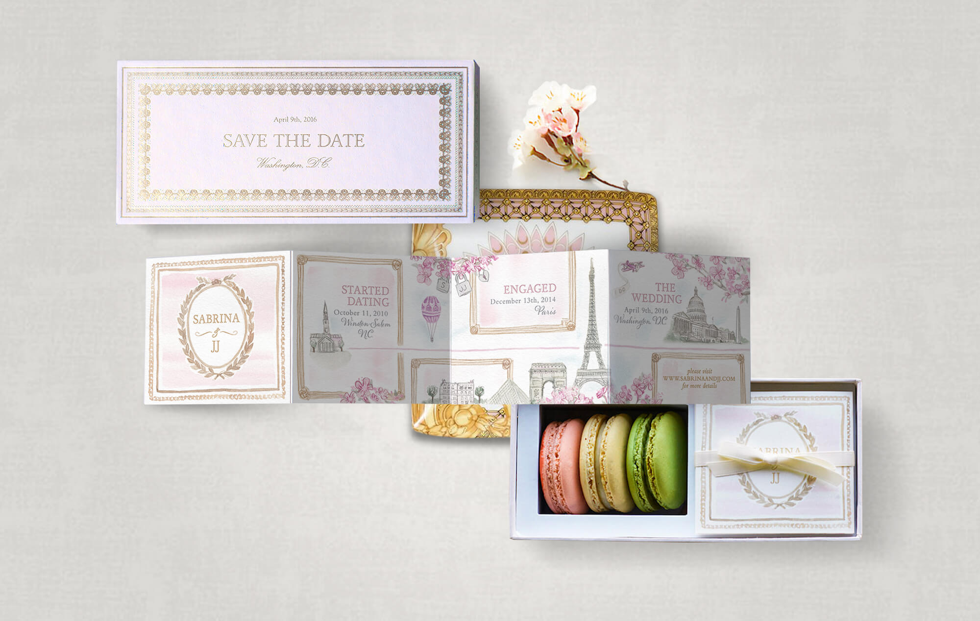 La Durée inspired macaron box save the date