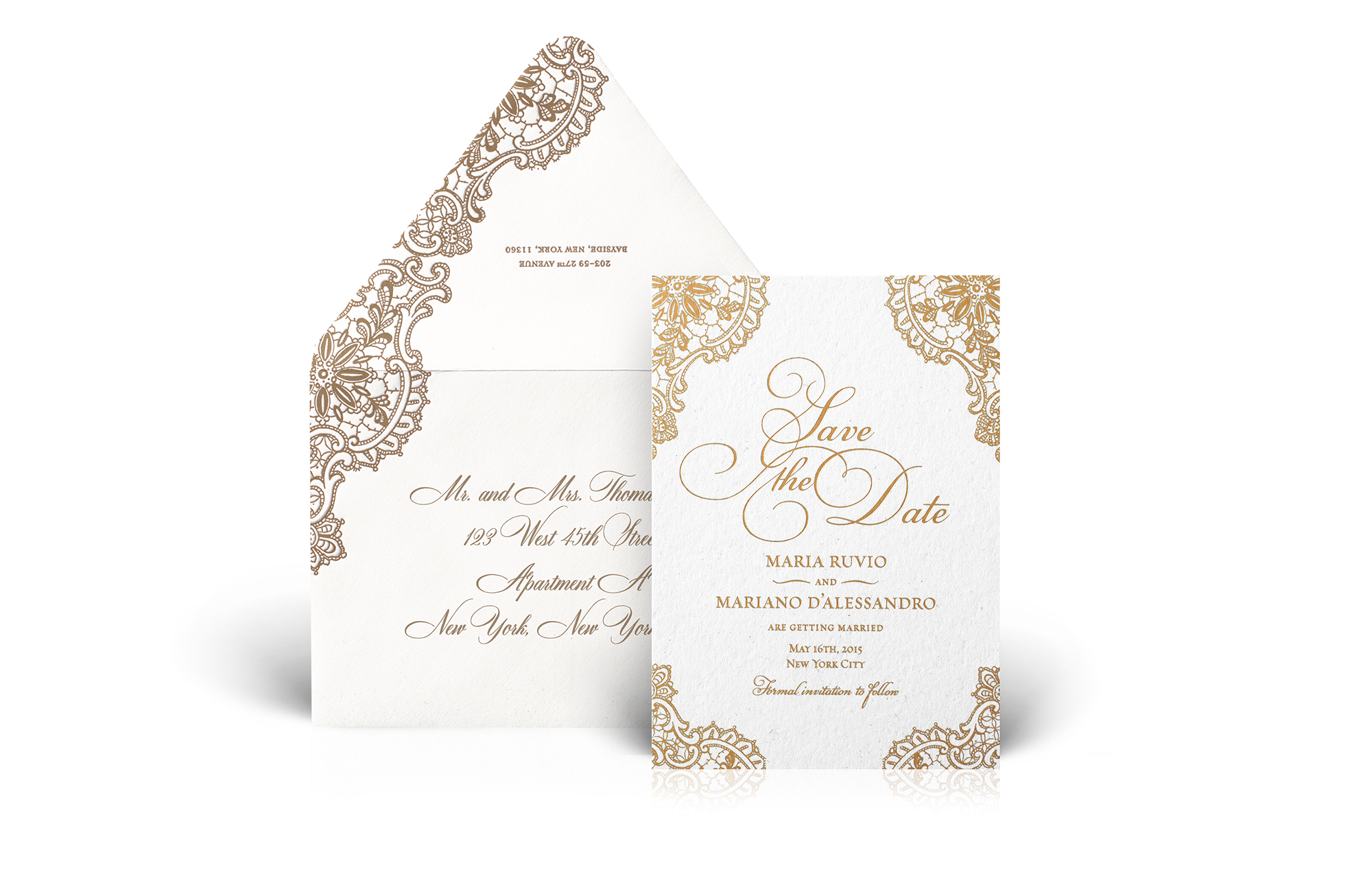 Gold and ivory lace save the date