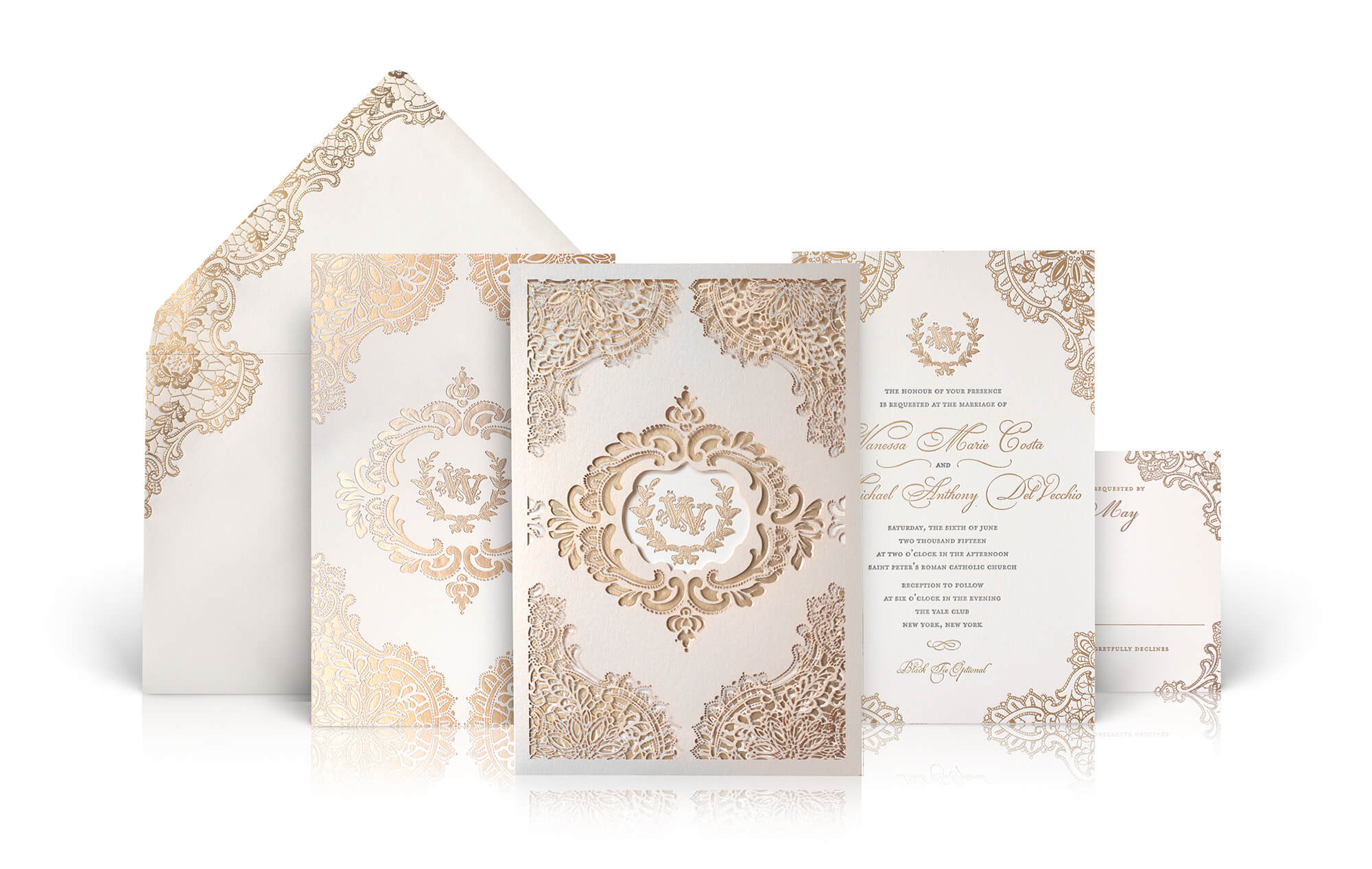 Lace and laser cut gold and ivory wedding invitation