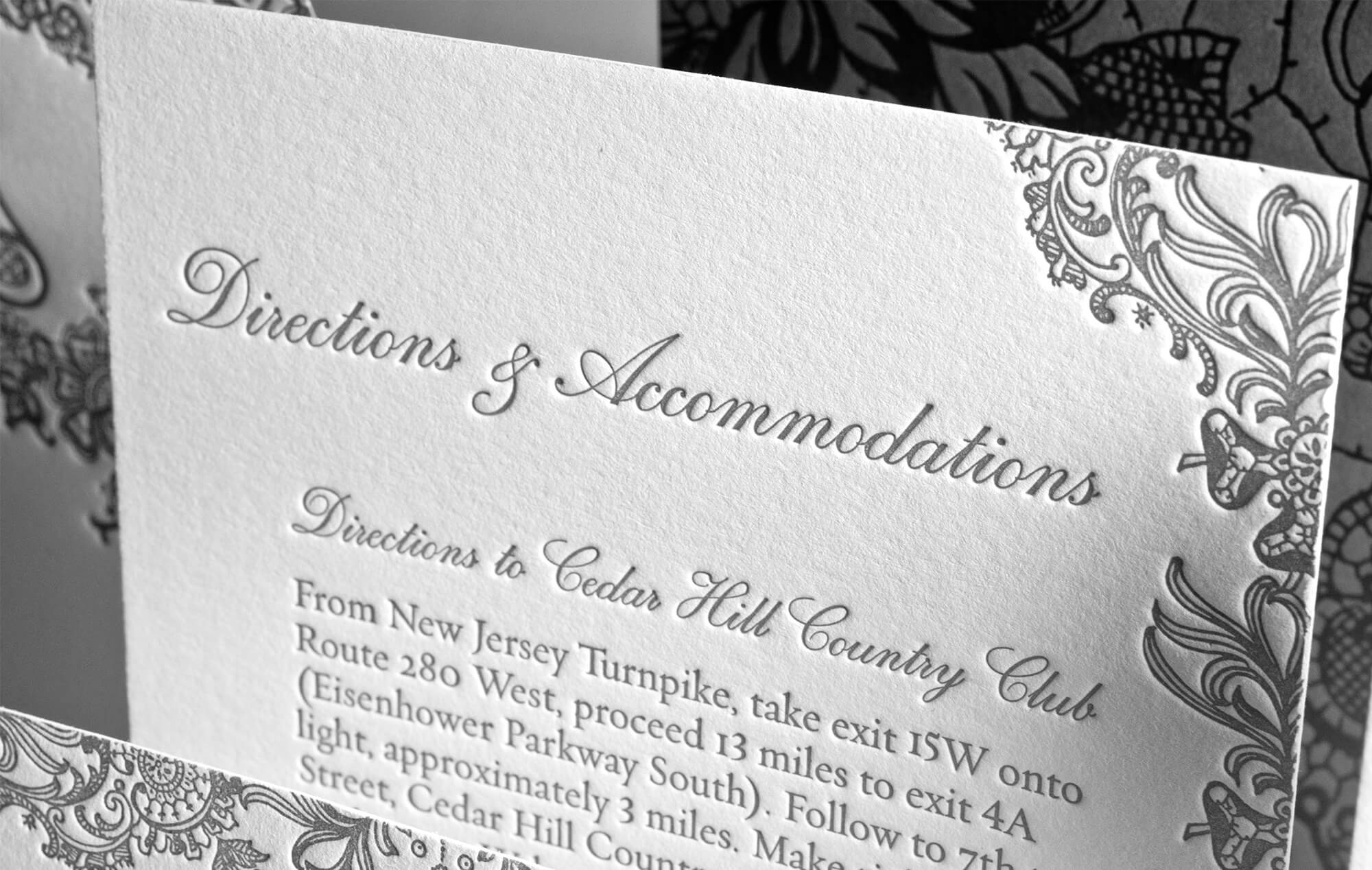 Letterpress directions and accommodations cards